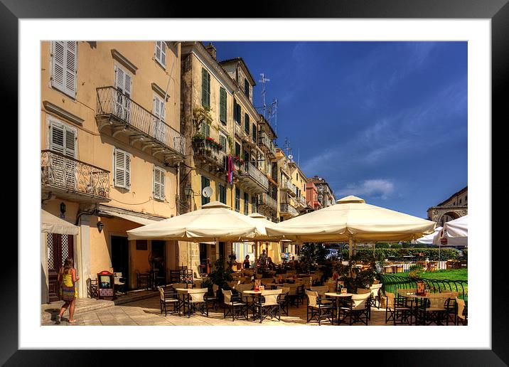 Corfu Town Restaurant Framed Mounted Print by Tom Gomez