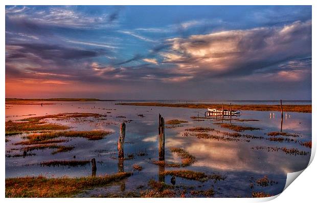Thornham marsh sunset reflections Print by Gary Pearson