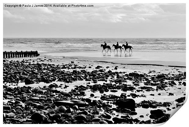 Horses on Amroth Beach Print by Paula J James