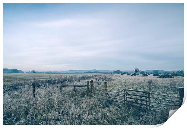 Morning frost over rural countryside scene. Print by Liam Grant