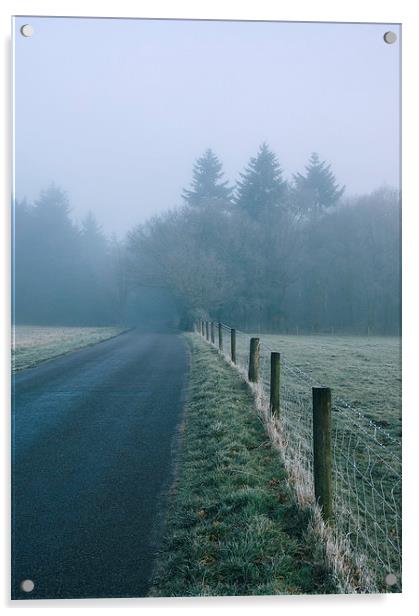 Morning frost and fog over rural country road. Acrylic by Liam Grant