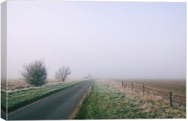 Morning frost and fog over rural country road. Canvas Print by Liam Grant