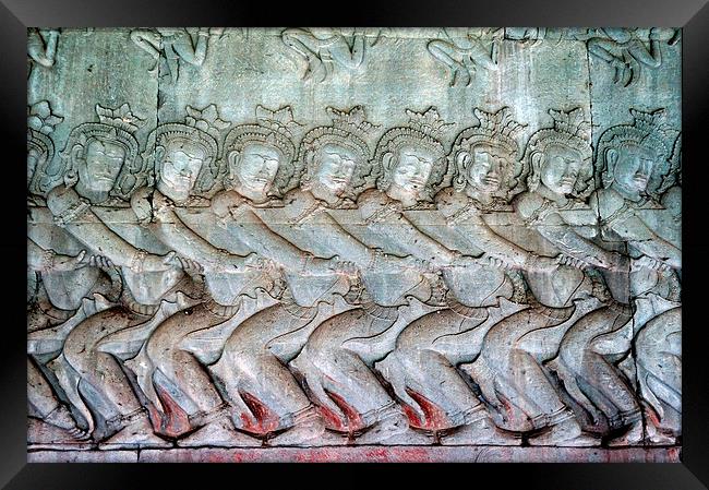Bas-relief Sculpture, Angkor Wat, Cambodia Framed Print by Geoffrey Higges
