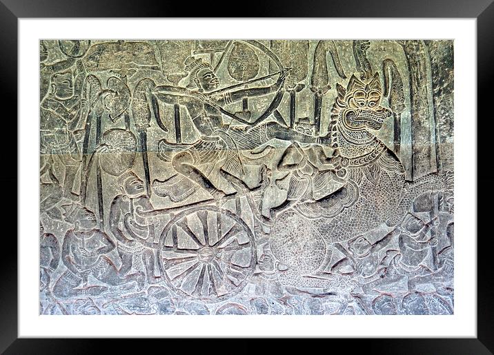 Bas-relief Sculpture, Angkor Wat, Cambodia Framed Mounted Print by Geoffrey Higges