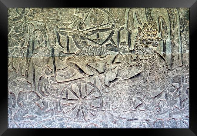 Bas-relief Sculpture, Angkor Wat, Cambodia Framed Print by Geoffrey Higges
