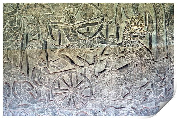 Bas-relief Sculpture, Angkor Wat, Cambodia Print by Geoffrey Higges