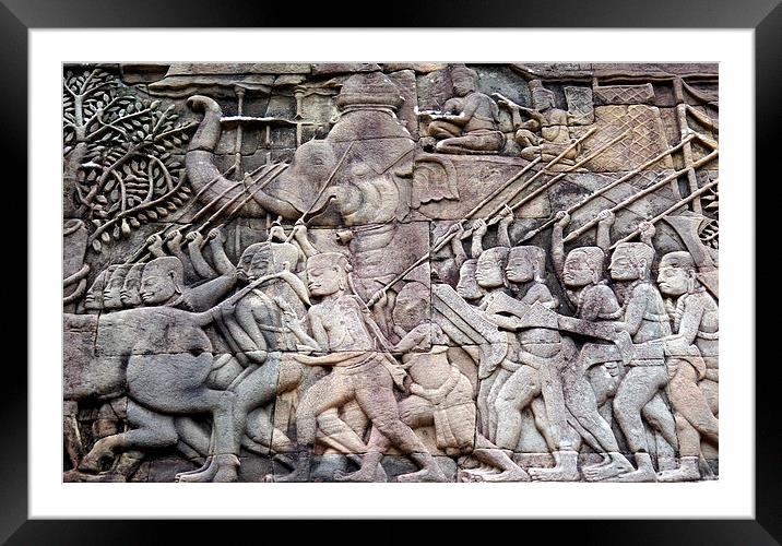 Bas-relief, Bayon Temple, Cambodia Framed Mounted Print by Geoffrey Higges
