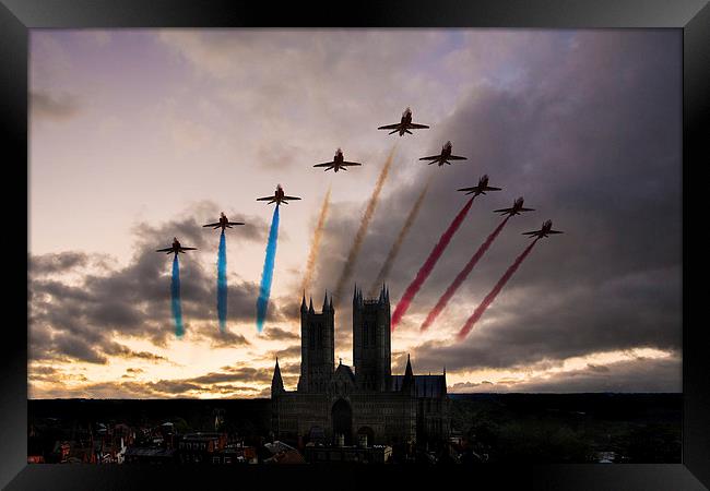 Red Arrows over Lincoln Cathedral Framed Print by J Biggadike