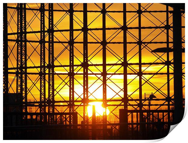Sunset through gas holder Print by Andy Huntley