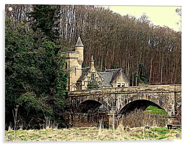 Mauldslie Bridge and Gatehouse Acrylic by Bill Lighterness