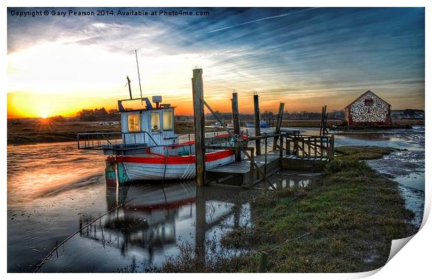 Sunrise over Thornham staithe Print by Gary Pearson