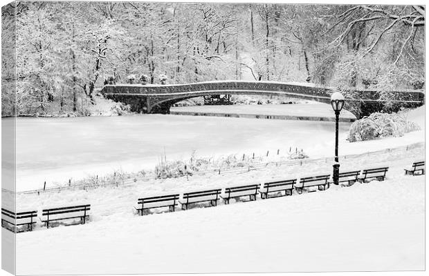 Bow Bridge Central Park Winter Wonderland BW Canvas Print by Susan Candelario