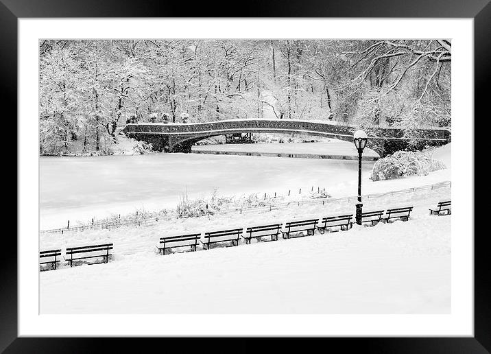 Bow Bridge Central Park Winter Wonderland BW Framed Mounted Print by Susan Candelario