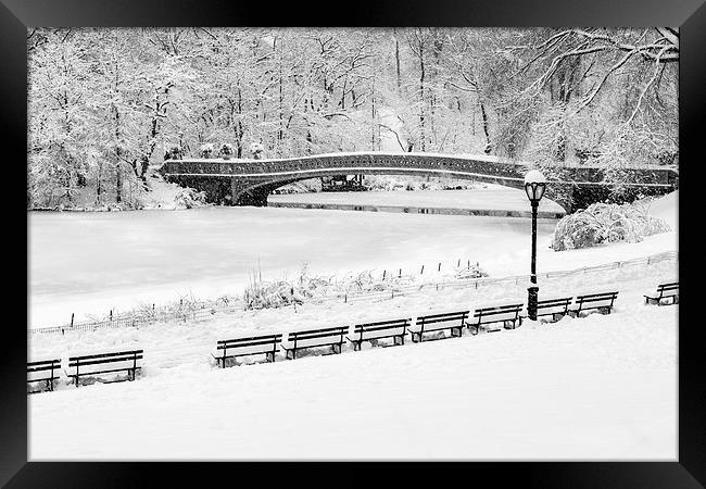 Bow Bridge Central Park Winter Wonderland BW Framed Print by Susan Candelario