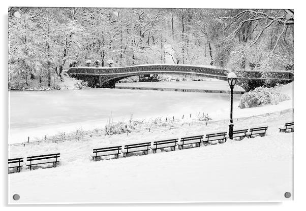 Bow Bridge Central Park Winter Wonderland BW Acrylic by Susan Candelario
