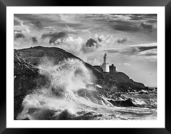 Mumbles Lighthouse Wave Framed Mounted Print by Creative Photography Wales