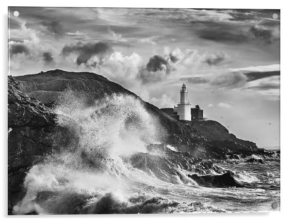 Mumbles Lighthouse Wave Acrylic by Creative Photography Wales
