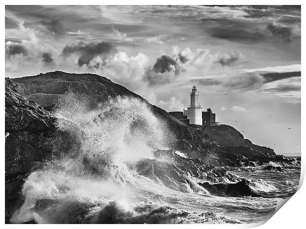 Mumbles Lighthouse Wave Print by Creative Photography Wales