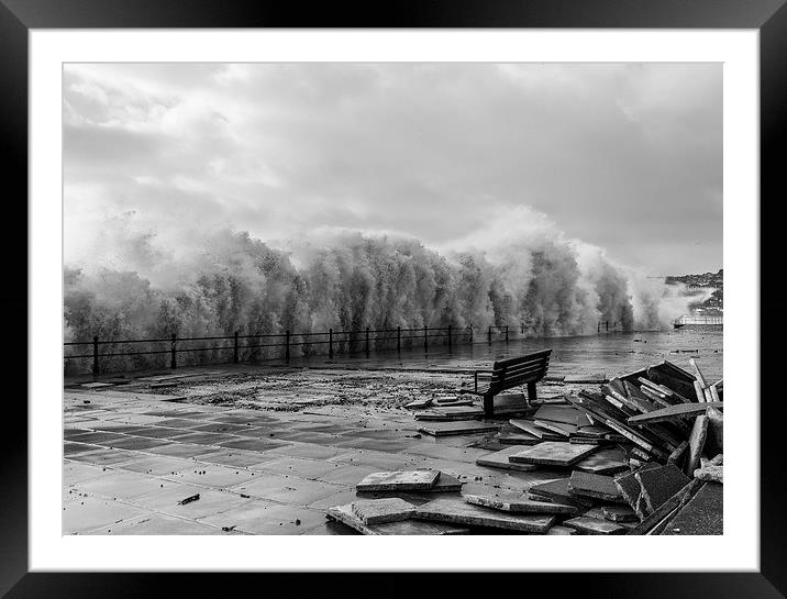Penzance, promenade, smased, by, storm Framed Mounted Print by lee verrecchia