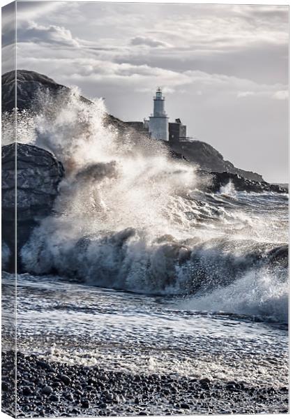Mumbles Lighthouse Waves. Canvas Print by Becky Dix