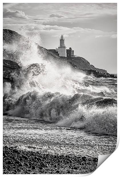 Mumbles Lighthouse Stormy Waves. Print by Becky Dix