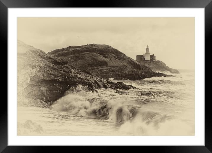 Mumbles Lighthouse Stormy Waves. Framed Mounted Print by Becky Dix