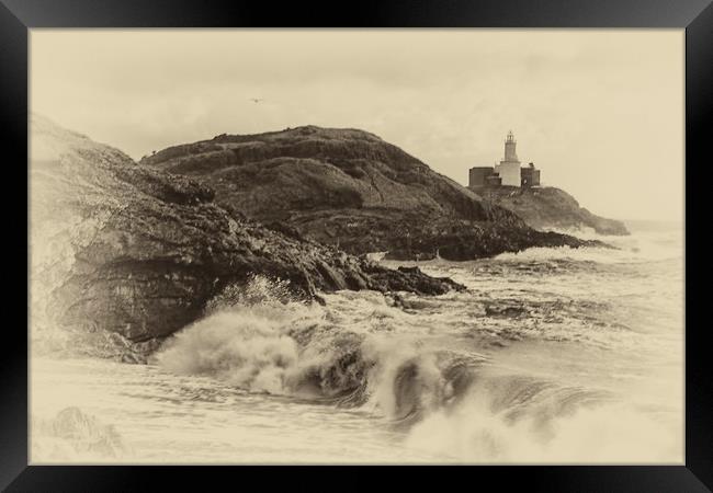 Mumbles Lighthouse Stormy Waves. Framed Print by Becky Dix