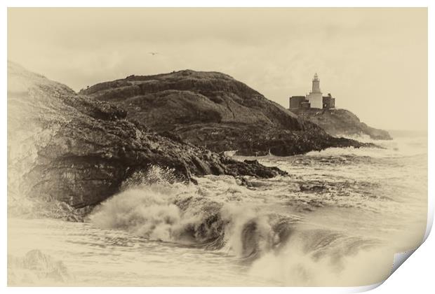 Mumbles Lighthouse Stormy Waves. Print by Becky Dix