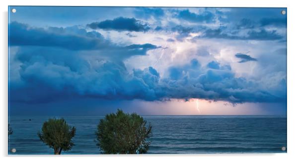 Thunderstorm and lightning over the ocean Acrylic by Nikos Vlasiadis