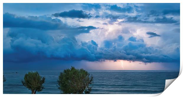 Thunderstorm and lightning over the ocean Print by Nikos Vlasiadis