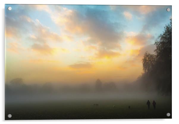 Walking the dogs on a foggy day Acrylic by Matthew Bruce