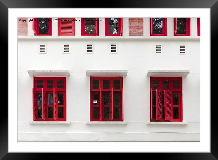 Red shuttered windows, Sinagpore Framed Mounted Print by J Lloyd