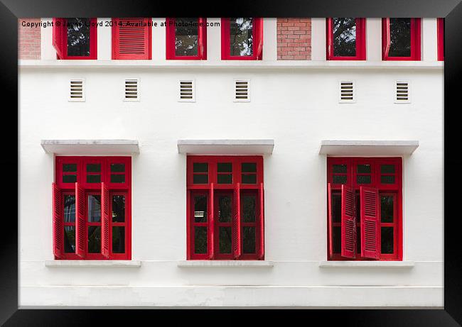 Red shuttered windows, Sinagpore Framed Print by J Lloyd