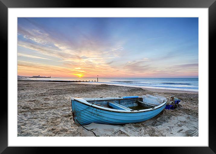 Blue Boat at Sunrise Framed Mounted Print by Helen Hotson