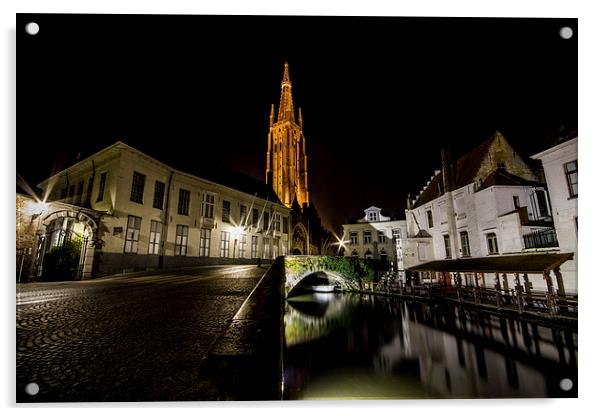 Bruge Canel At Night Acrylic by Malcolm Wood