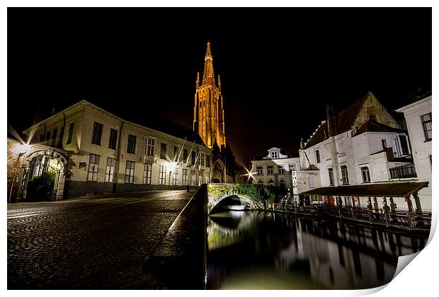 Bruge Canel At Night Print by Malcolm Wood