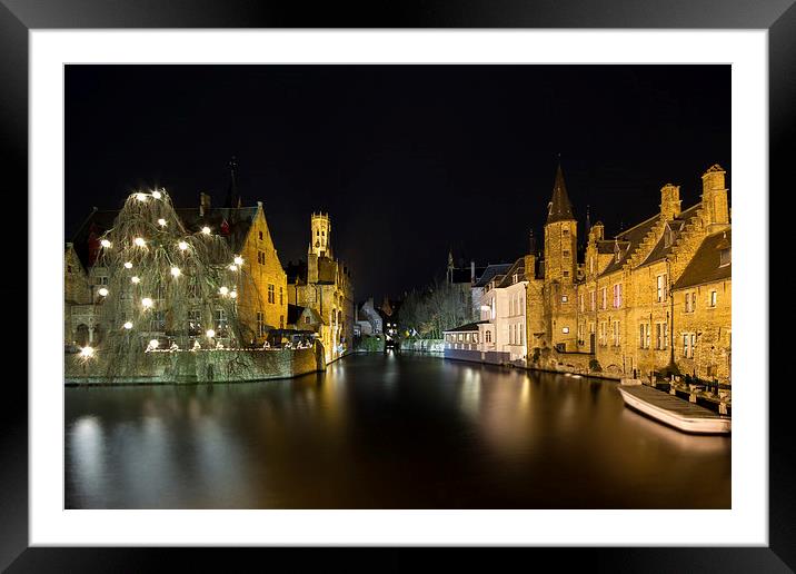 Bruges Dijver Canel At Night Framed Mounted Print by Malcolm Wood