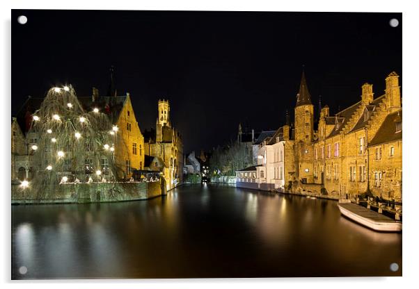 Bruges Dijver Canel At Night Acrylic by Malcolm Wood