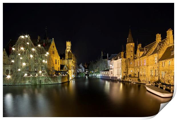 Bruges Dijver Canel At Night Print by Malcolm Wood