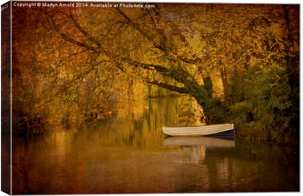 Boat on Quiet River Canvas Print by Martyn Arnold