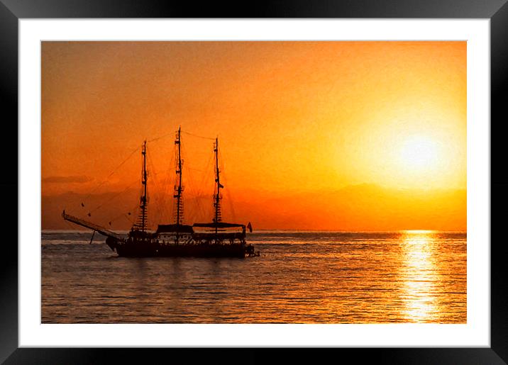Sunset Silhouette Ship Digital Painting Framed Mounted Print by Antony McAulay