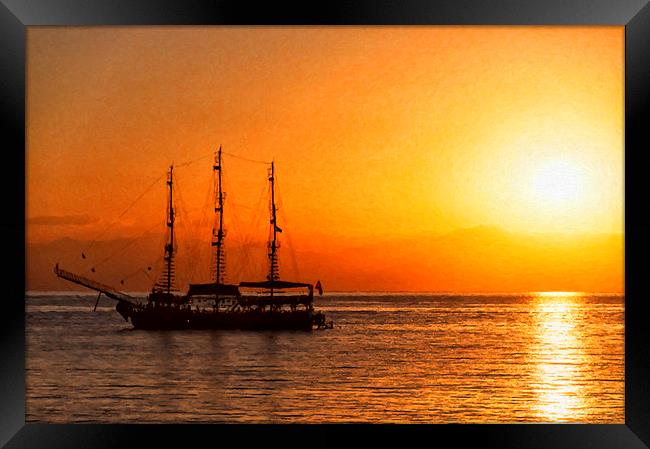 Sunset Silhouette Ship Digital Painting Framed Print by Antony McAulay