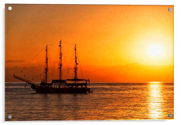 Sunset Silhouette Ship Digital Painting Acrylic by Antony McAulay