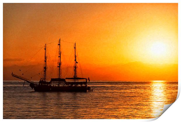 Sunset Silhouette Ship Digital Painting Print by Antony McAulay