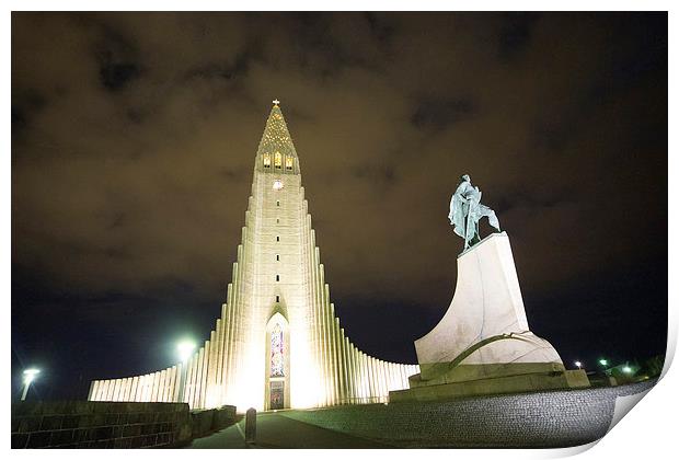 reykjavik church tower by night Print by Rob Hawkins
