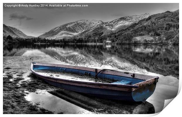 Blue Boat on Lake Grasmere Print by Andy Huntley