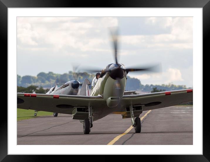 Spitfire pair taxi in - colour version Framed Mounted Print by Keith Campbell
