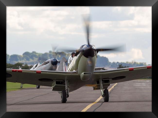 Spitfire pair taxi in - colour version Framed Print by Keith Campbell