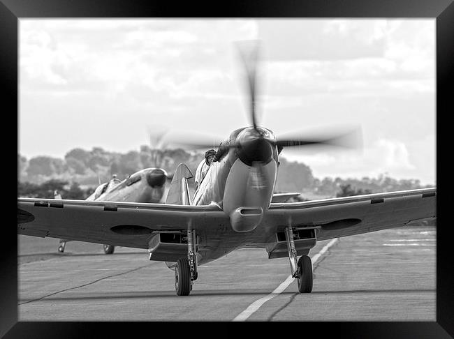 Spitfire pair taxi in - black and white version Framed Print by Keith Campbell