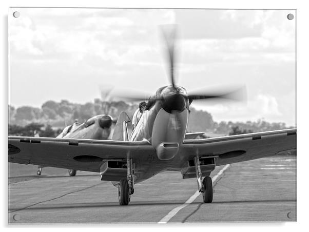 Spitfire pair taxi in - black and white version Acrylic by Keith Campbell